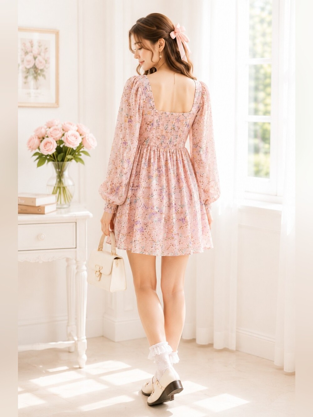 Blu Pepper Blush Pink Floral Babydoll Puff Sleeve Mini Dress | Size M - Picture 2 of 7